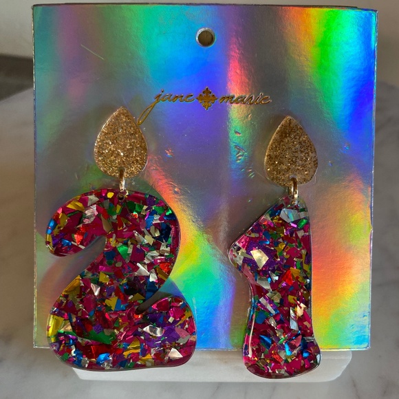Jane Marie Jewelry - Jane Marie Gold Glitter Acrylic candle flame/Big "21" Metallic Confetti Earrings